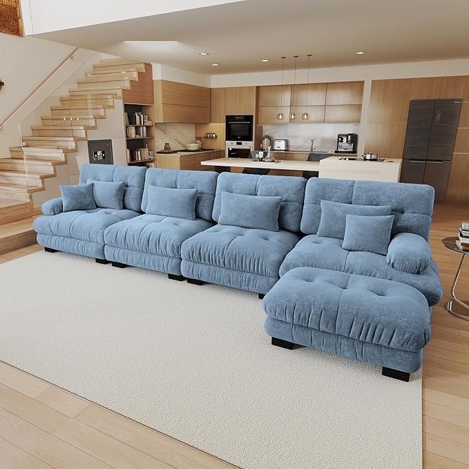 173.2 Oversized Modular Sectional Sofa 4 Seater Blue Large Sectional Couches for Living Room Chenille Fabric Sofa Set Cloud Couches with Ottoman Deep Seat Modern Sofas para Sala L Shaped