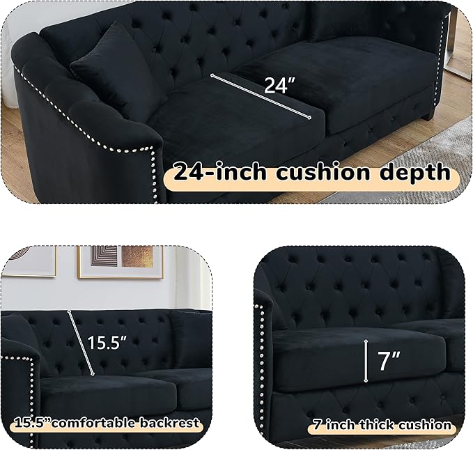 2 Piece Modern Chesterfield Velvet 77 3-Seater + 59 Loveseat Sofa Set Upholstered Tufted Backrests with 8 Nailhead Arms and 4 Cushions for Living Room (Black 77 3-Seater + 59 Loveseat Sofa Set)
