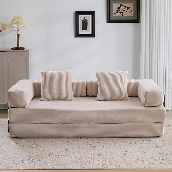 Convertible Couch Sofa Bed Foldable Floor Sleeper | Modern Fold Out Couch | Removable Backrest &amp Armrests | No Assembly Compression Sofa Sleeper for Living Room Bedroom | Corduroy Fabric Beige