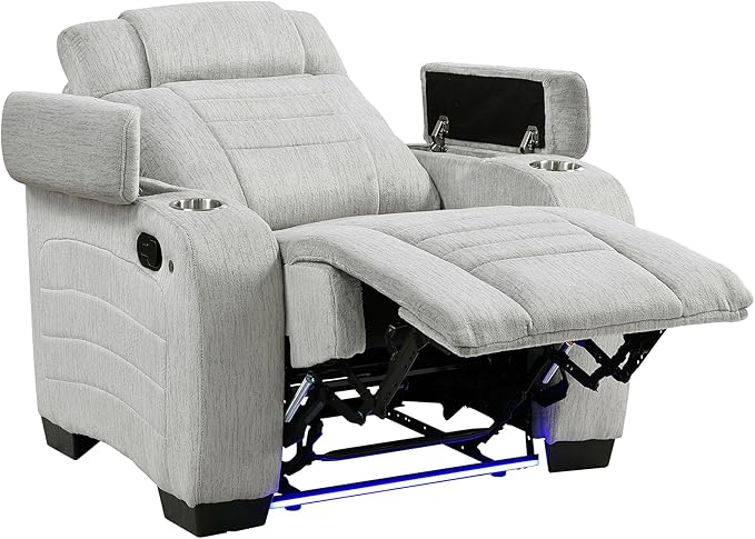 Lexicon Wall Hugger Manual Reclining Chair Microfiber Manual Recliner with Cup Holders/Hidden Arm Storage/LED Base Lighting Home Theater Seating for Living Room Light Gray
