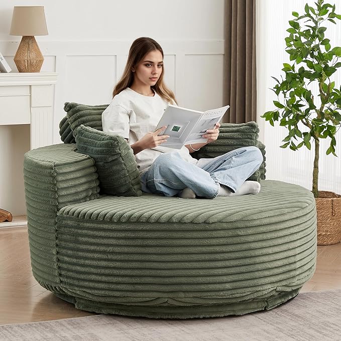 55 inch 360° Swivel Accent Chair Chaise Lounge Chair Indoor Oversized Round Swivel Accent Chair Modern Corduroy Single Sofa Chair Deep Seat Chair for Living Room Bedroom Apartment Green