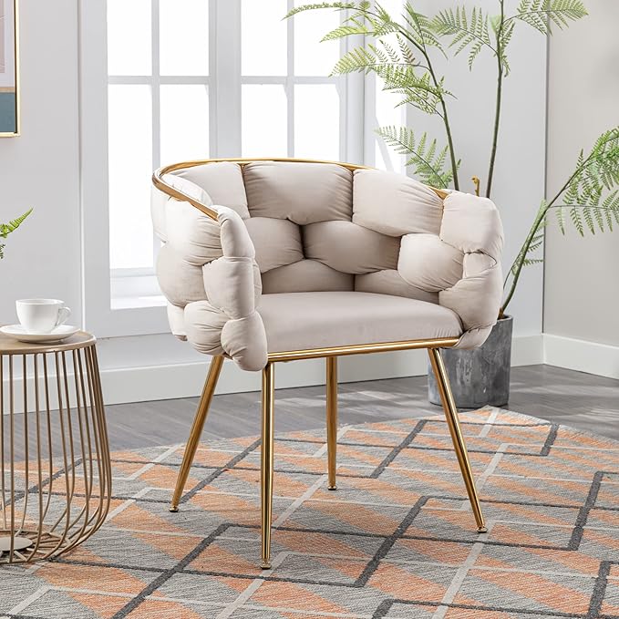 Polibi Modern Velvet Accent ChairDining Chair Single Sofa Chair Leisure Lounge Chairs with Golden Metal Frame LegsLiving Room Furniture1PCS Beige