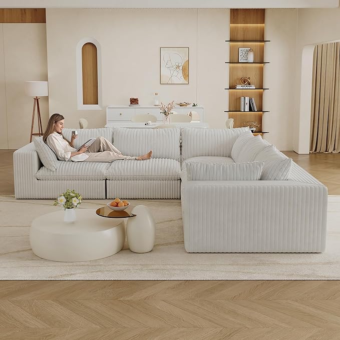 118.2 Modern V Shaped Corner Sofa Comfy Modular Sectional Cloud Couch with Plush Corduroy Fabric Deep Seat Upholstered Sofa Fluffy Boneless Couches for Living Room No Assembly (White)