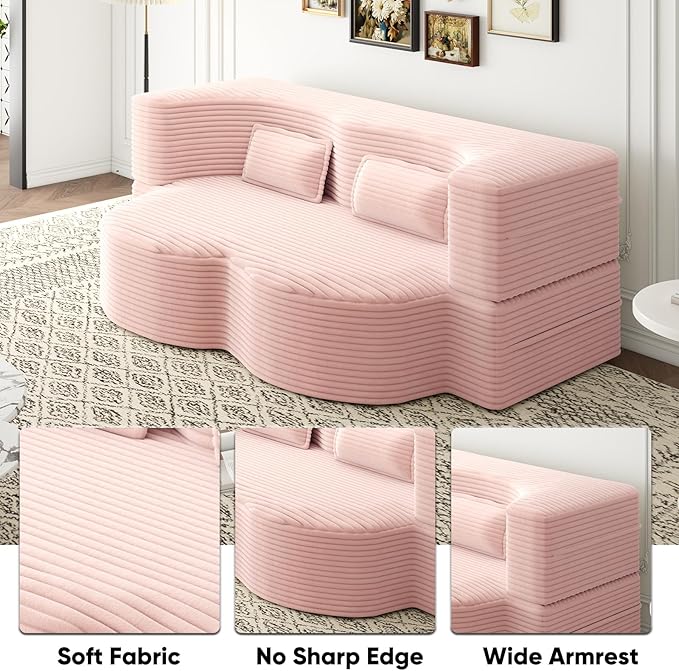 JOYBASE 78in Sofa Couch Convertible Oversized Cloud Loveseat Minimalist Sleeper Sofa Bed for Living Room Apartment Office No Assembly Required (Baby-Pink Corduroy)