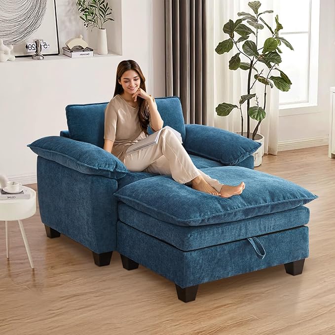 Oversized Chair with Ottoman Cloud Chenille Fabric Comfy Chaise Lounge Sofa Accent Arm Single Chair Indoor with Padded Armrest for Living Room Bedroom Office Storage Ottoman Blue