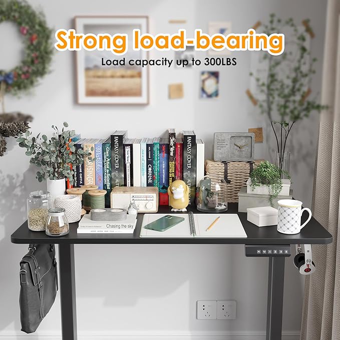 40x24 Inches Electric Standing Desk Adjustable Height Wooden Sit Stand Desk Electric Capacity 300lbs Sit to Stand up Standing Computer Desk with Hooks for Home Office (Black 40x24 Inches)