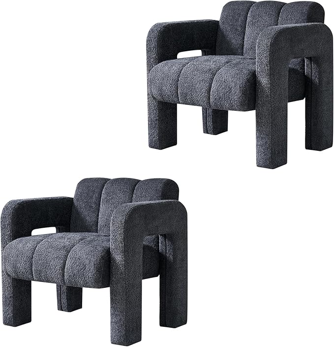 Yoglad Modern Accent Chair Set of 2 Bouclé Fabric Upholstered Armchair Comfy Single Chair for Living Room Lounge Bedroom Office-Dark Grey