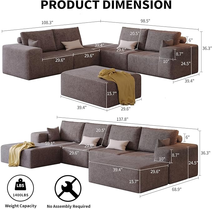 138 Modular Sectional Sofa with Ottoman - U Shaped Oversized Deep Seat Cloud Boneless Couch for Living Room Corduroy Fabric No Assembly Required (Brown 2 Ottoman)