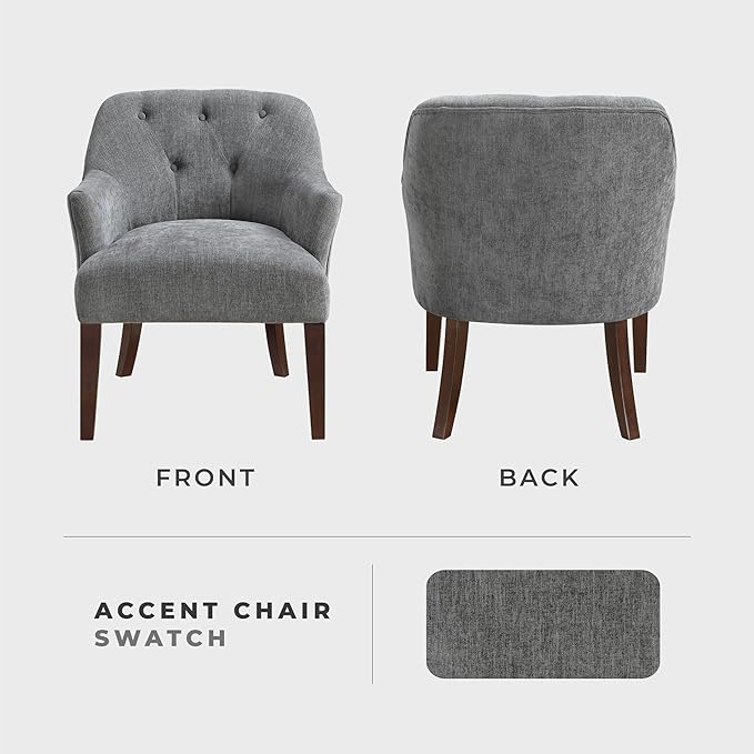 Lexicon Modern Accent Chair Textured Fabric Upholstered Arm Chair with Button Tufted Back Sloped Flared Arms and Wooden Legs for Living Room/Bedroom Charcoal