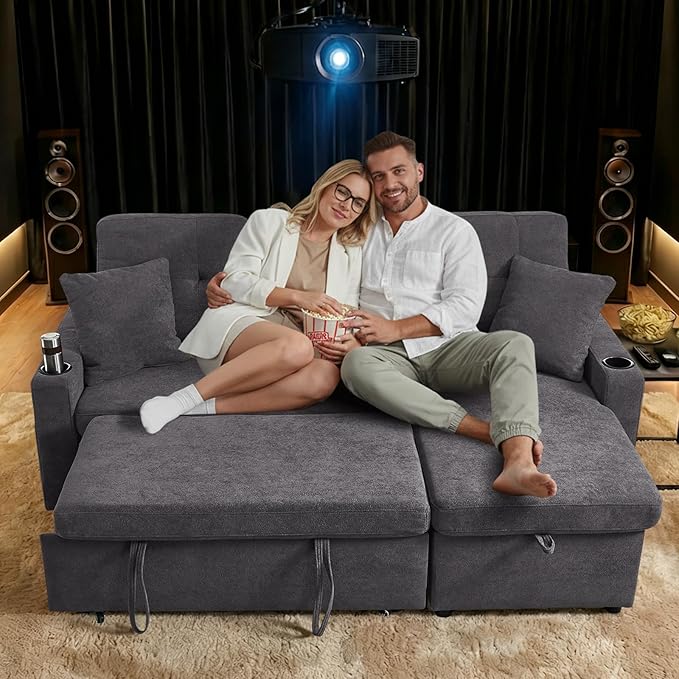 82 L Shaped Sleeper Sofa Bed: Sectional Sleeper Couch with Pull Out Bed Storage Chaise USB Charging &amp Cup Holder 3 Seat Sectional Sofa Bed with Throw Pillow (Terry Cloth - Grey)