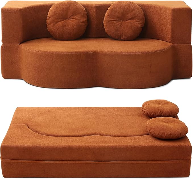 King Size Sofa Bed 76 Inch Convertible Futon Boneless Couch 2-in-1 Loveseat Sleeper Sofa with 2 Pillow Modern Velvet Fabric Floor Couch Bed for Living Room No Assembly Required (Orange)