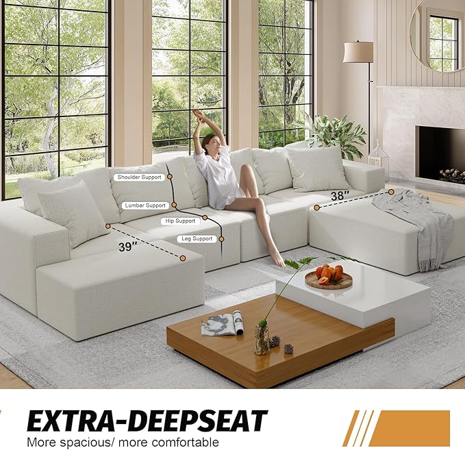 151'' Modular Sectional Sofa Couches Chenille Sleeper Deep Seat Sofa Bed Oversized Cloud Couch with 6 Pillows Free Combination Compression Sofa for Living RoomNo Assembly Beige