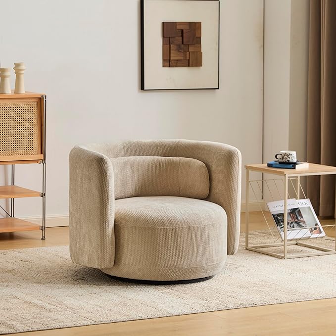 Christopher Knight Home Tanzy 360-Degree Swivel Barrel Chair Upholstered Lounge Chair Indoor Comfy Armchair with Lumbar Pillow for Living Room Thick Cushion Metal Base and Wood Frame Khaki