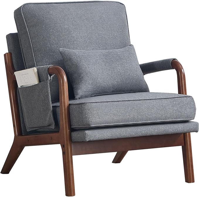 ANJ Mid Century Modern Accent Chair Lounge Reading Armchair with Extra Side Pocket &amp Detachable Cushion Comfy Fabric Accent Chairs for Living Room BedroomGrey