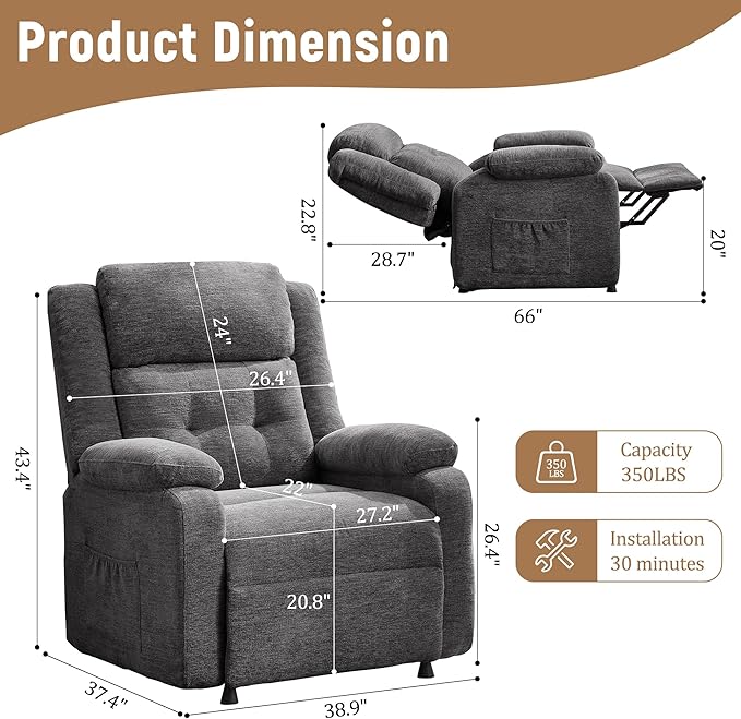Power Recliner Chair for Adults Oversized Electric Recliner with Thickened Cushions Chenille Fabric Reclining Chair for Living Room Bedroom Grey