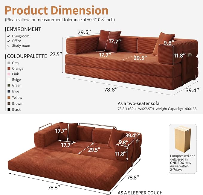 78.8 Convertible Sofa Bed with Armrest Pillow 4-in-1 Sleeper Couch Bed for Livingroom Modular Corduroy Boneless couches No Assembly (Orange)