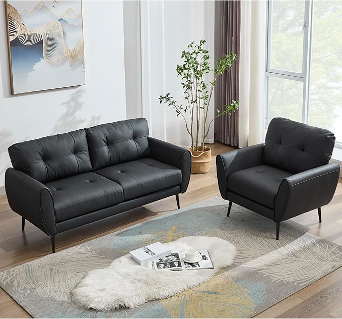 TYBOATLE Sofa Couch 61 Small Loveseat Couches for Living Room Leather Couch Mid Century Modern Tufted Mini Sofa Comfy Office 2 Seat Settee Love Seat for Small Spaces Bedroom (2 Black)