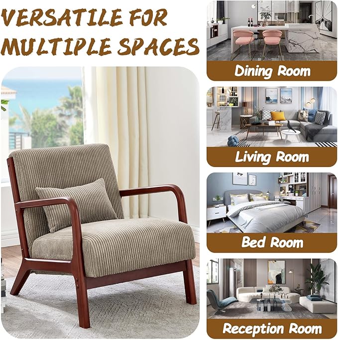 Midcentury Modern ChairWooden Accent Chair with PillowCorduroy Arm Chair for Living RoomBedroomSmall Rooms (Camel)