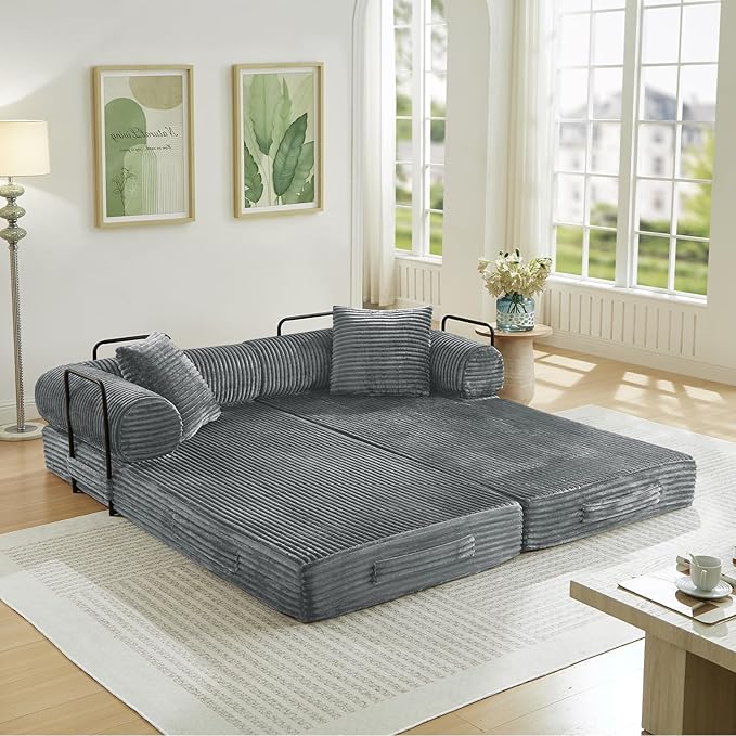 Antetek Modular Couch Bed Convertible Folding Plush Corduroy Comfy Floor Compression Loveseat Sleeper Sofa Couch King Size Bed for Guest Room Living Room Bedroom No Assembly Required Light Grey