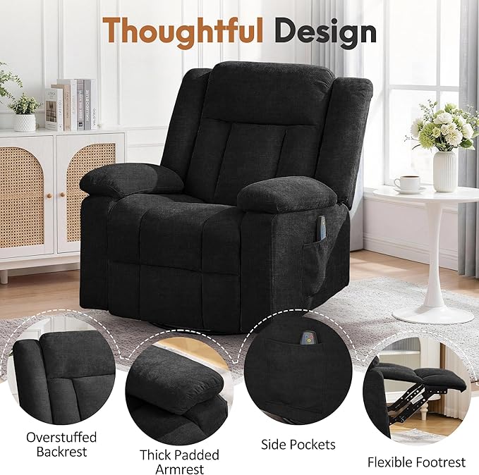 Rocker Recliner Chair for Adults 360° Swivel Rocker Recliner with Massage and Heating Nursery Rocking Chairs with Side Pockets Manual Reclining Chair for Living Room Bedroom or Nursery