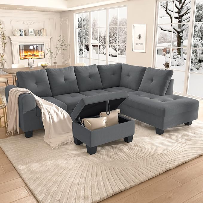 AWQM Upholstered L-Shape Modular Sectional Sofa Set with Storage Ottoman &amp Chaise Light Grey Fabric Living Room Furniture Comfy Oversized Corner Sofa Couch