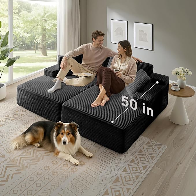 89.3” Oversized Double Chaise Lounge Indoor Black Corduroy Chaise Lounge Chair Upholstered Sleeper Sofa Bed Deep Seat Sleeper Loveseat Reading Chairs Boneless Cloud Couch for Living Room Bedroom