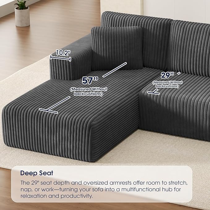 KINGYES 107'' Modular Sectional Sofa L Shaped Cloud Couch for Living Room Modern Plush Corduroy Boneless Sofa with Chaise for Bedroom Gray