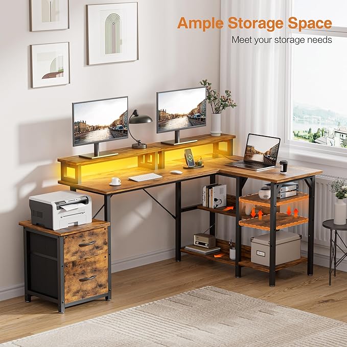Office Desk L Shape with File Drawers&ampPower OutletYOUNGAR 69.3 Inch Reversible L Shaped Computer DesksCorner L Shape or Long Desk Set up Monitor Stand &ampStorage Shelves LED Lights &ampCPU S
