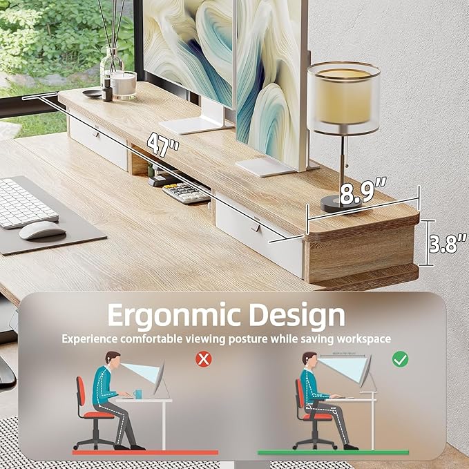 TIQLAB Standing Desk with Two Drawers Stand Up Standing Desk Adjustable Height Electric Sit Stand Table with Storage Shelf and Splice Board 48 * 24 inch Maple