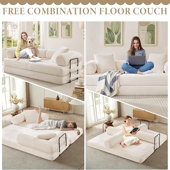 Folding Sofa Bed Convertible Corduroy Comfy Loveseat Sleeper Bed Modular Foam Compression Sofa Couch Floor Lazy Chaise Lounge for Guest Room Living Room Studio (Beige)