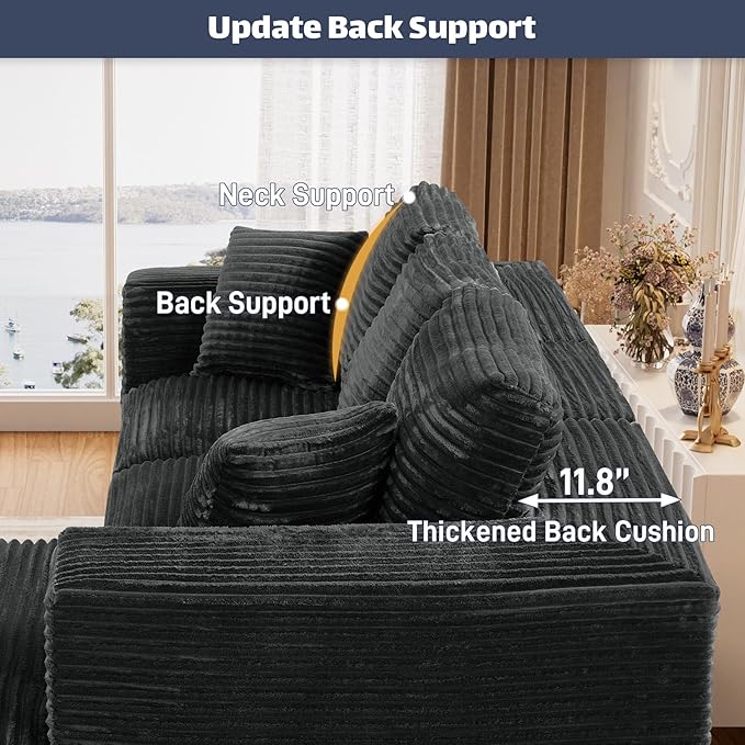 108 L-Shaped Boneless Cloud Sectional Couches Comfy Corduroy Fluffy Modular Sectional Sofa with Ottoman Deep Seat Memory Foam Plush Couch for Living Room Small Spaces Black