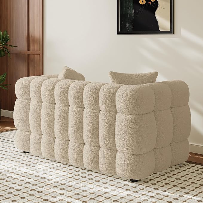 Boucle Sofa Couch 55 Comfy Upholstered Sherpa Loveseat Tufted Cozy 2-Seater Deep Seat Cloud Couch Modern Small Love Seat with 2 Pillows for Living Room Apartment Bedroom Light Brown