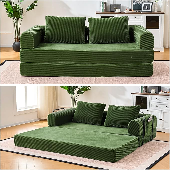 Convertible Sleeper Sofa Bed 78.7 Folding Floor Sofa Mattress Couch with Pillows Corduroy Futon Boneless Couch Lounge Loveseat with Pull Out Bed Green