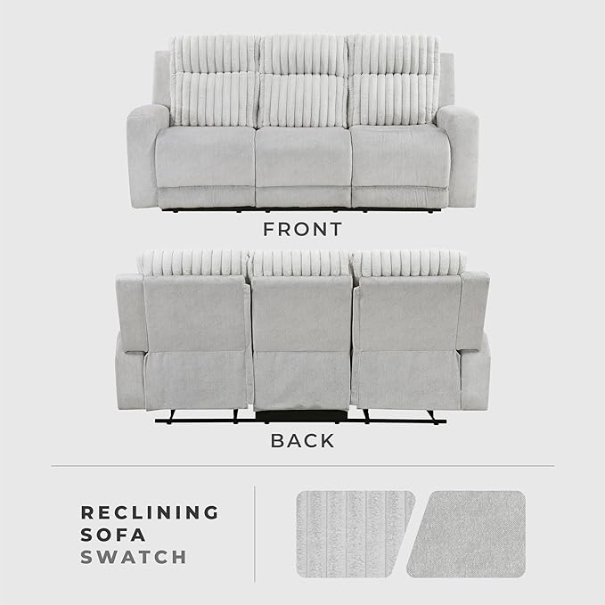 Lexicon Modern Double Recliner Couch Manual Wall Hugger Textured Microfiber Reclining Sofa Plush Corduroy Channel Seat Back Manual Recliner Sofa Light Gray