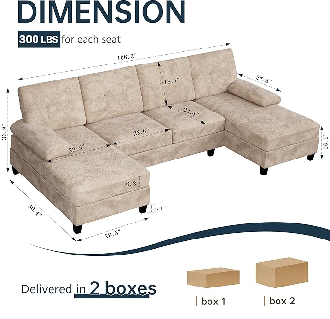 Meilocar Sectional Couches for Living Room 4 Seat Sofa Set U Shaped Couch with Double Chaise Lounges Large Couch for Apartment (Light Beige)