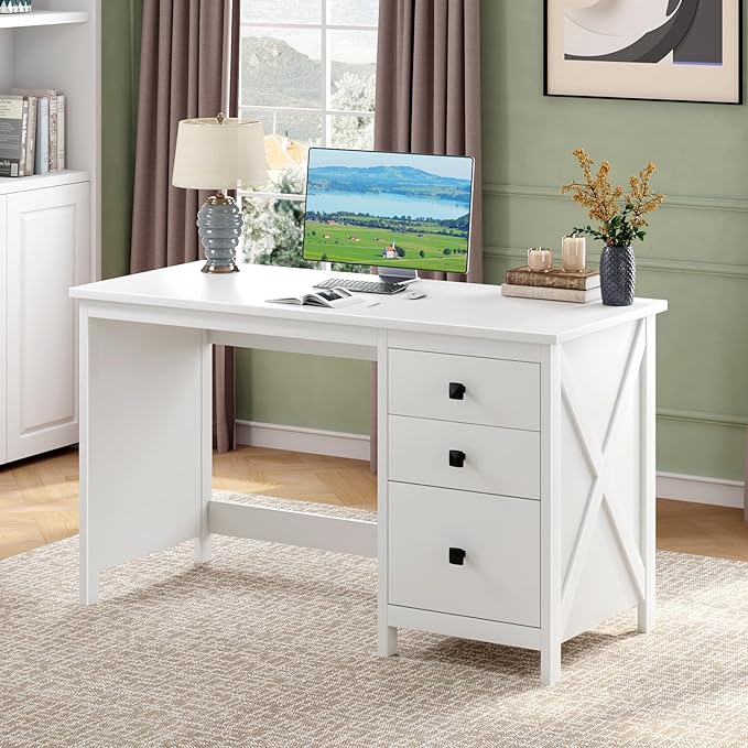 JSB 47.2'' White Computer Desk for Home OfficeFarmhouse Executive Desk with 3 File DrawersStudy Writing Table Storage CabinetMakeup Vanity Desk for Bedroom (White 47.2in)