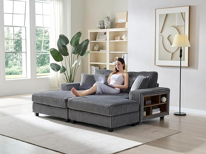 79.5 Oversized Corduroy Modular 2-Seat Sectional Couch with Extra-Wide Armrest Storage and Double Chaise Lounge Modern Convertible Sleeper Sofa for Living RoomDark Gray