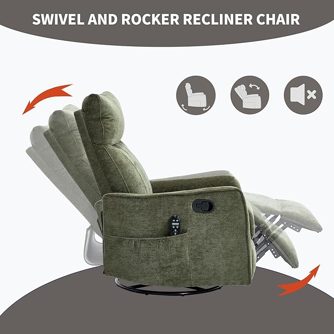 KEIKI Swivel Rocker Recliner Chair with Massage and Heated Pad for Nursery Soft Fabric Glider with 360 Degree Rotation and Manual Recline