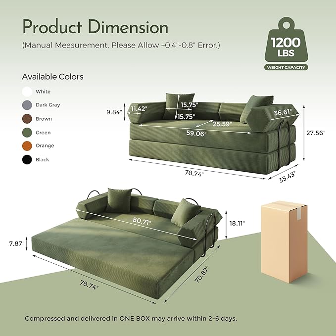 Convertible Floor Sofa Bed with Fixed-Shape Frame King Size Floor Sleeper 5-in-1 DIY Combination Modular Sofa Modular Chenille Folding Mattress Couch for Living Room Bedroom Playroom (Green1)