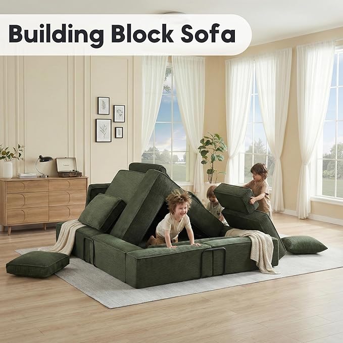 119 Modular Sofa Bed with High Backrest Pillows Corduroy Folding Convertible Floor Sofa Couch Bed with Fixed-Shape Frame Building Block Sofa for Parent-Child Castle Living Room Green