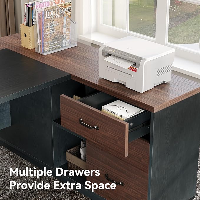 LITTLE TREE 78-Inch Executive Office Desk with File Cabinet Large Modern Corner Office Desk for Home Office 3-Drawer Wood File Cabinet Spacious Workstation for Home Office (Brown &amp Black)