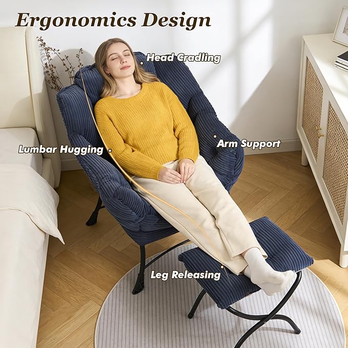 QQU Lazy Chair with Ottoman Corduroy Lounge Armchair Reading Chair with Footrest for Living Room Balcony Study (Navy)