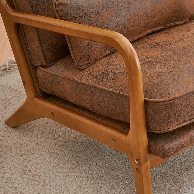 VINGLI Microfiber Rustic Comfy Accent Chair Mid Century Modern Lounge Armchair for Living Room Upholstered Reading Chair for Bedroom Cushined Corner Side Wooden Arm Chair for Room