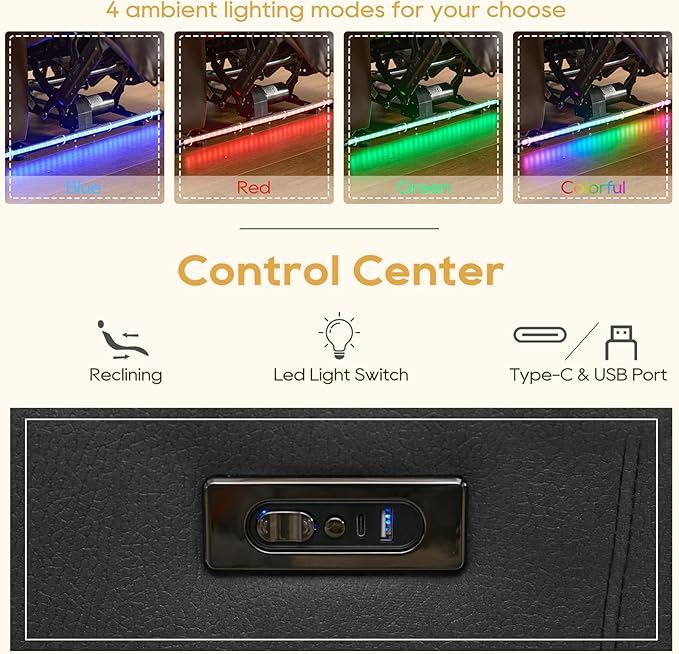 IPKIG Power Loveseat Recliner Sofa with Flip-Up Backrest Console Drawer AC Outlet LED Light Wall Hugger Recliners for Living Room RV Home Theater (Grey Loveseat)