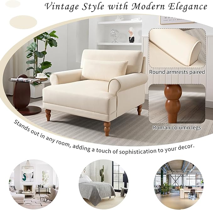 Christopher Knight Home Accent Chair Velvet Club Chair Upholstered Lounge Chair Large Size Armchair Roman Column Legs Cozy Reading Single Sofa Chair for Living Room Bedroom Home Study Beige
