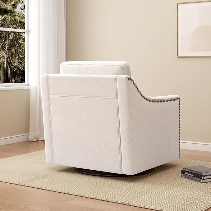 Swivel Accent Chairs for Living Room 360° Swivel Upholstered Club Armchairs with Nailhead Trim Metal Swivel Base Linen-Textured Fabric – White