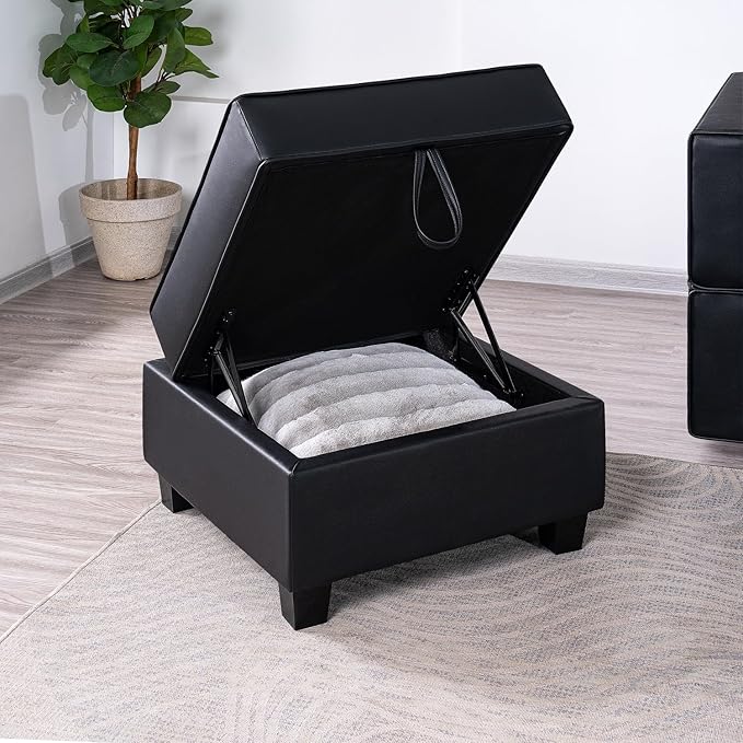 Naomi Home Sarah Ottoman in Black Air Leather Ergonomic Cushioned Top with Hidden Storage Multi-Functional Modular Sectional Furniture for Living Room or Lounge