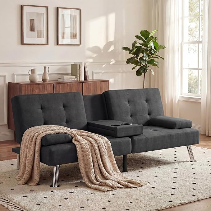 YESHOMY Modern Futon Sofa Bed Convertible Futon Couch with Adjustable Backrest Futon Loveseat Sleeper Sofa Bed with Armrest for Living Room Small SpacesLinen Fabric Classic Black