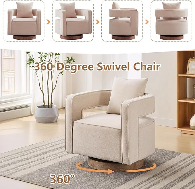 Swivel Accent Chairs Set of 2 Upholstered 360° Round Barrel Arm Chair with Open Back &amp Wood Base Comfy Linen Blend Square Single Club Chair for Living Room Bedroom Office Hotel Reception (Beige)