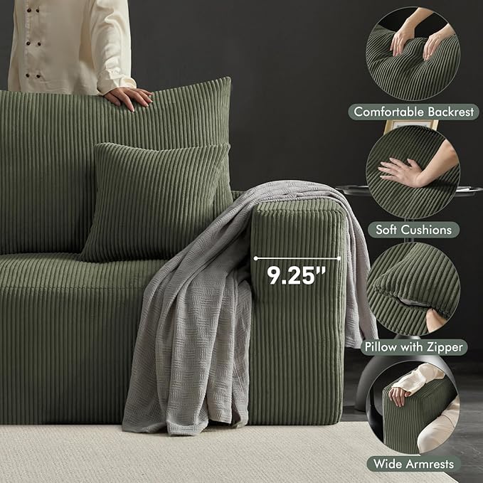 113 Modular Sectional Couch Cloud Boneless Sofa with Deep Seats Upholstered Corduroy Sofa Bed with Loung Chaise 3-Seater Couches for Living Room No Assembly Required Green